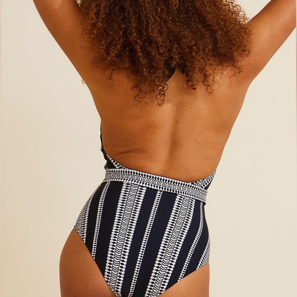 Lemlem x Free People XS Belted Deep-V Black Striped Halter 1Pc Swimsuit Morocco - Picture 2 of 13